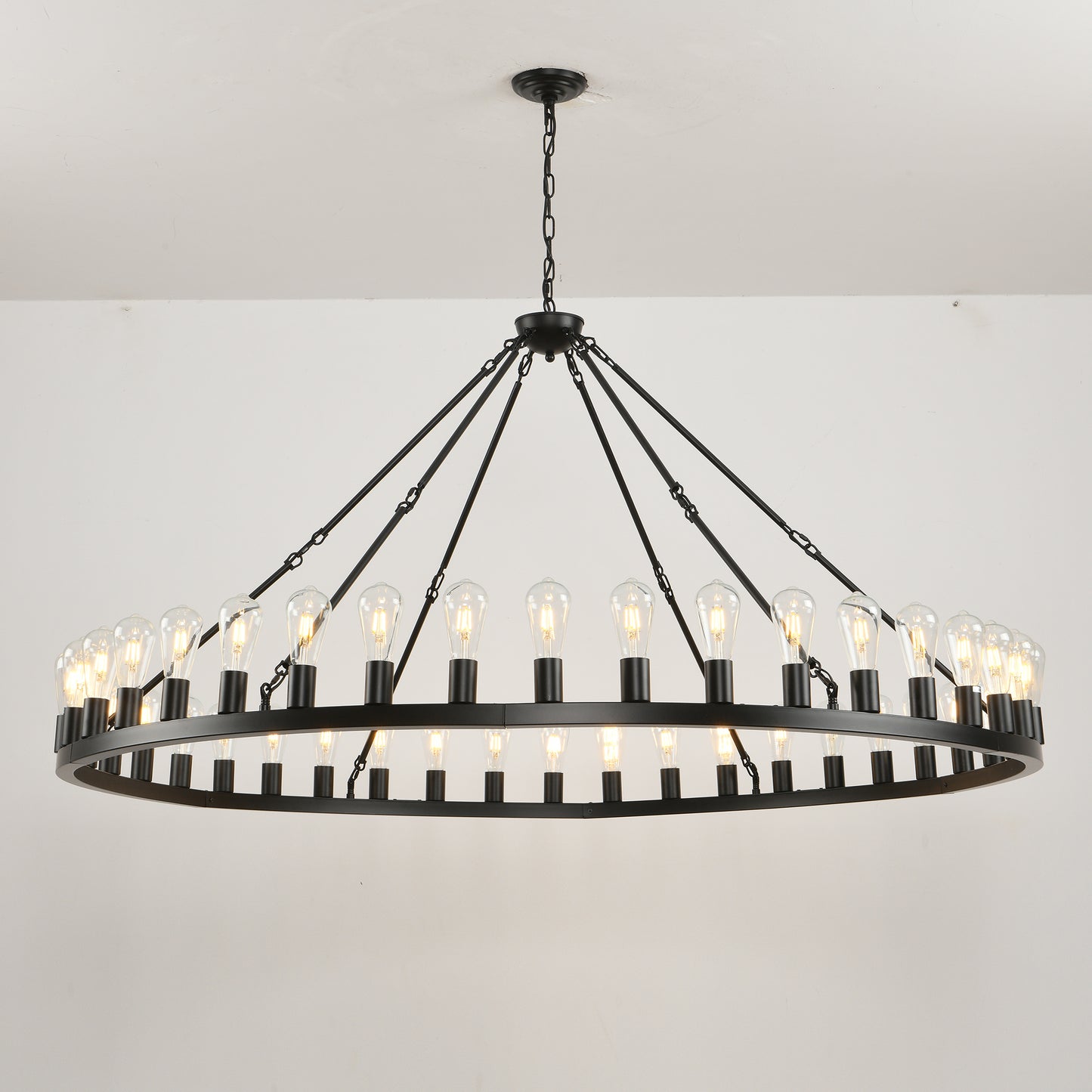 YANSUN 64in. Matte Black Wagon Wheel Chandelier 30-Light E26 Farmhouse Industrial Pendant Light for High Ceiling Dining Room (No Bulbs)