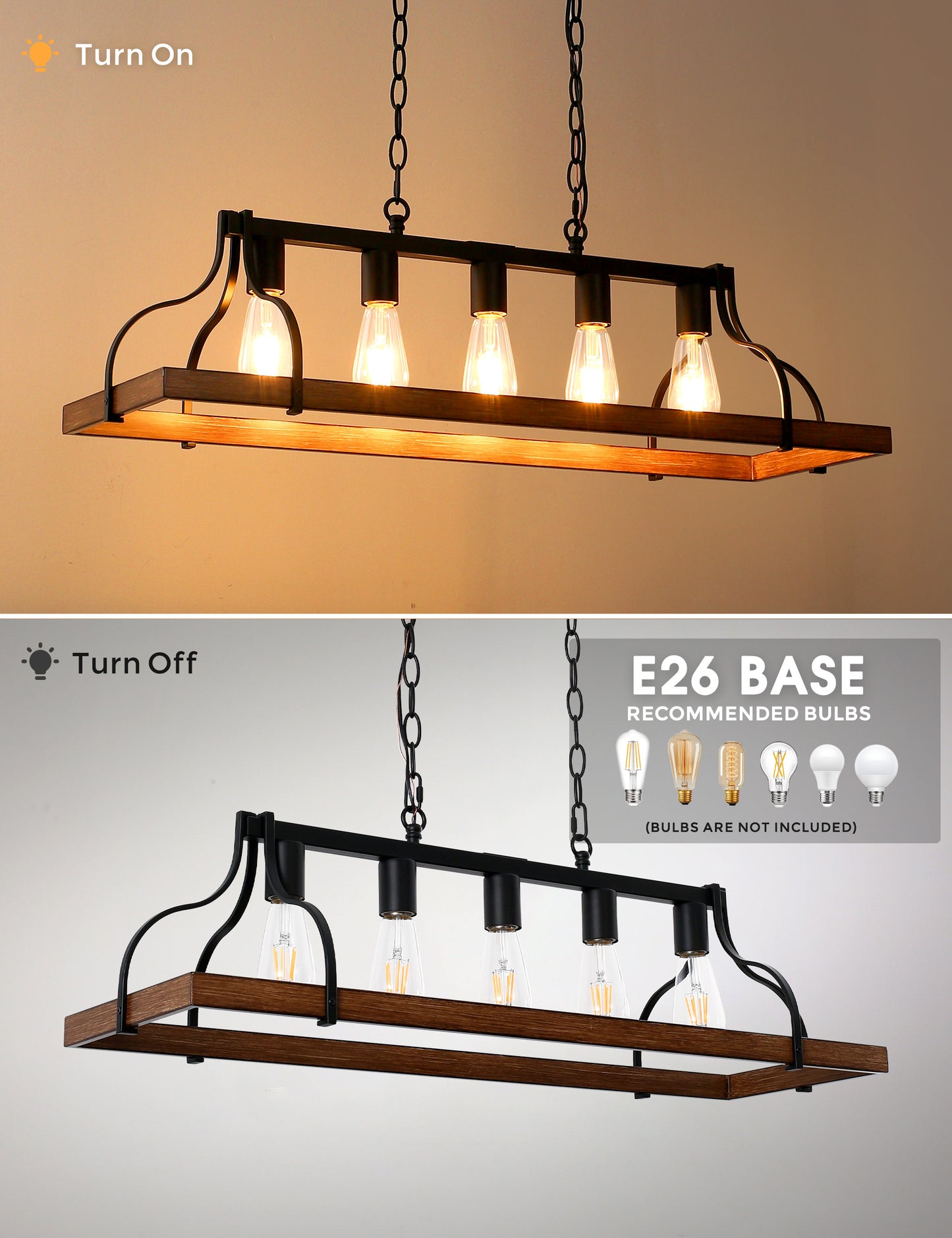 YANSUN 5-Light Island Pendant Light, Brown Metal Frame, Non-Integrated Design, Bulbs Not Included