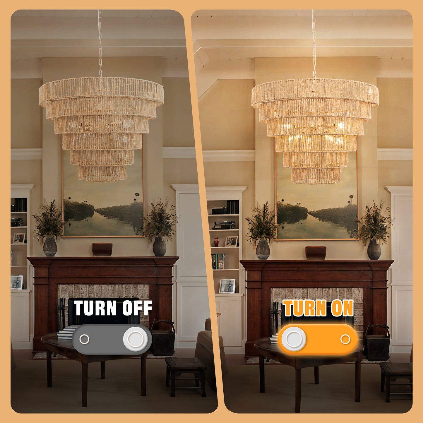 YANSUN 12-Light Boho Chandelier, 6-Tier Copper Finish, Rattan Shades, E12 Base, Non-Integrated Bulbs, Ideal for Living & Dining Spaces