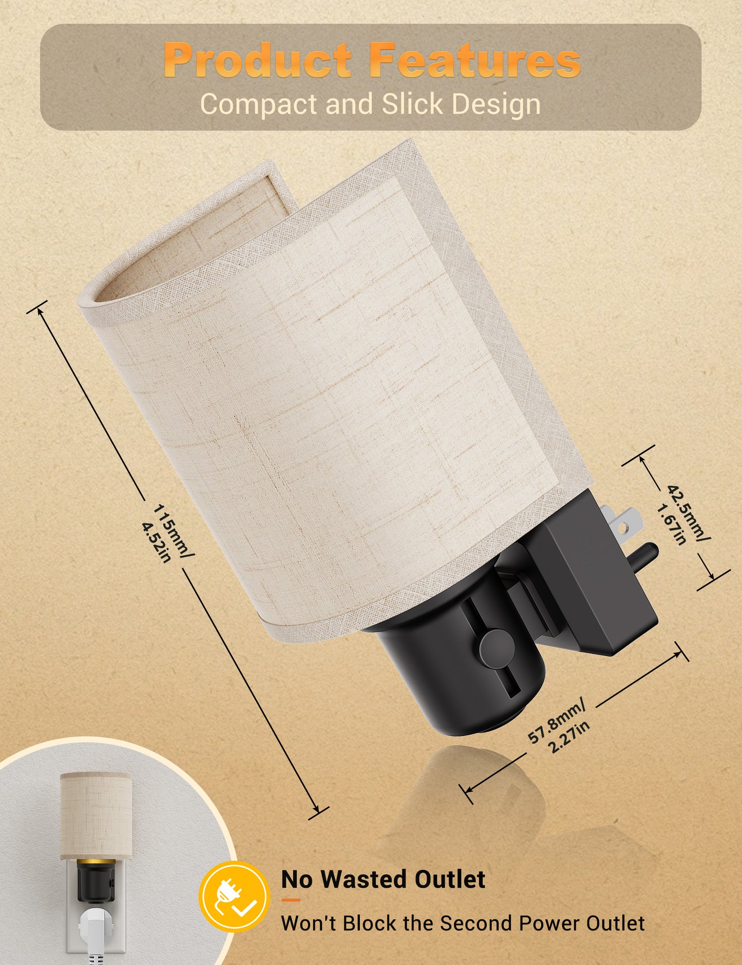 YANSUN 2-Pack 1W Dusk to Dawn Plug-in Night Lights Boho Fabric Shade 2700K Warm White LED Night Lights with Gold Ring Accent Dimmable for Bedroom Hallway