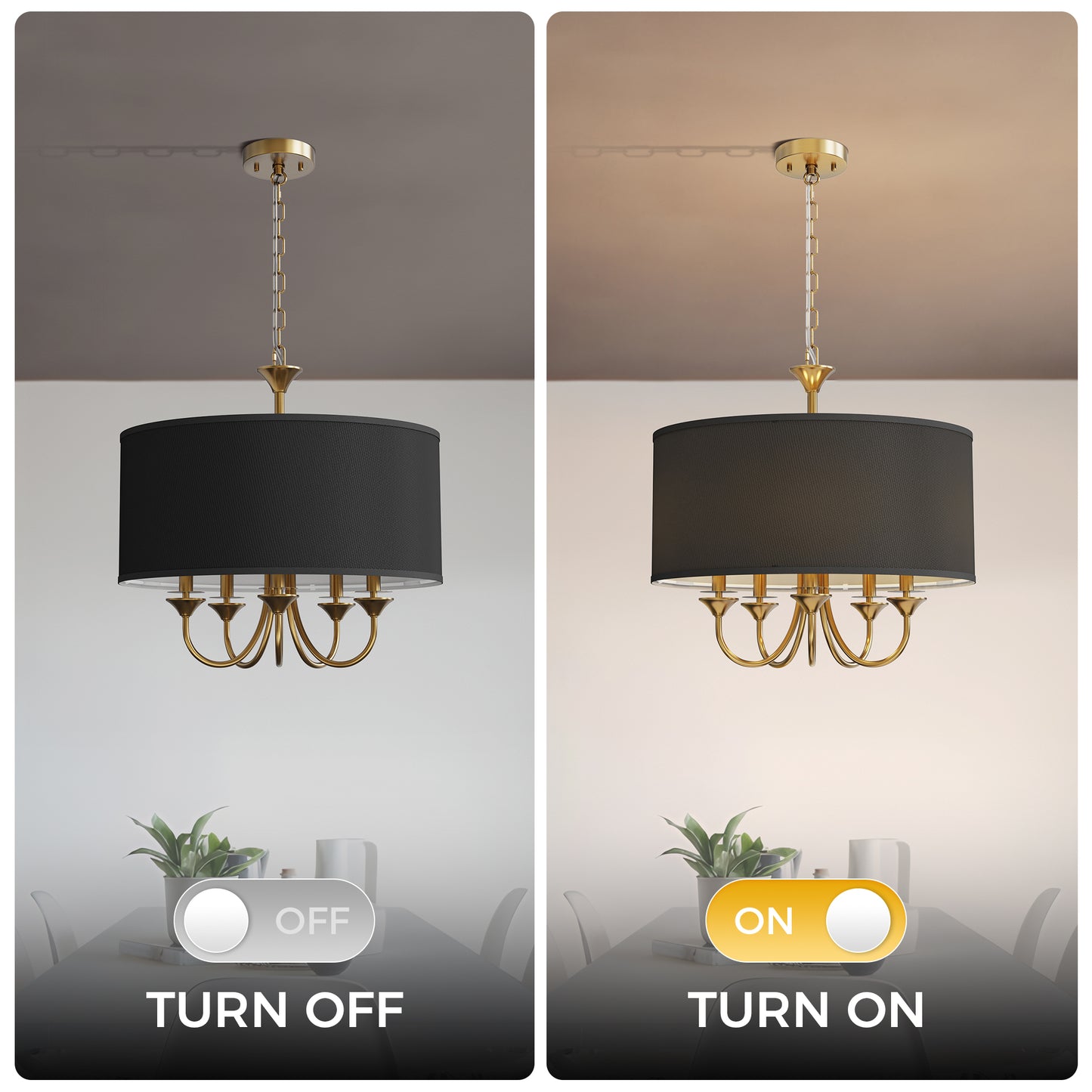 YANSUN 5-Light Gold Drum Chandelier KD Modern Branch Ceiling Light E12 Candle Fixture with Black Shades