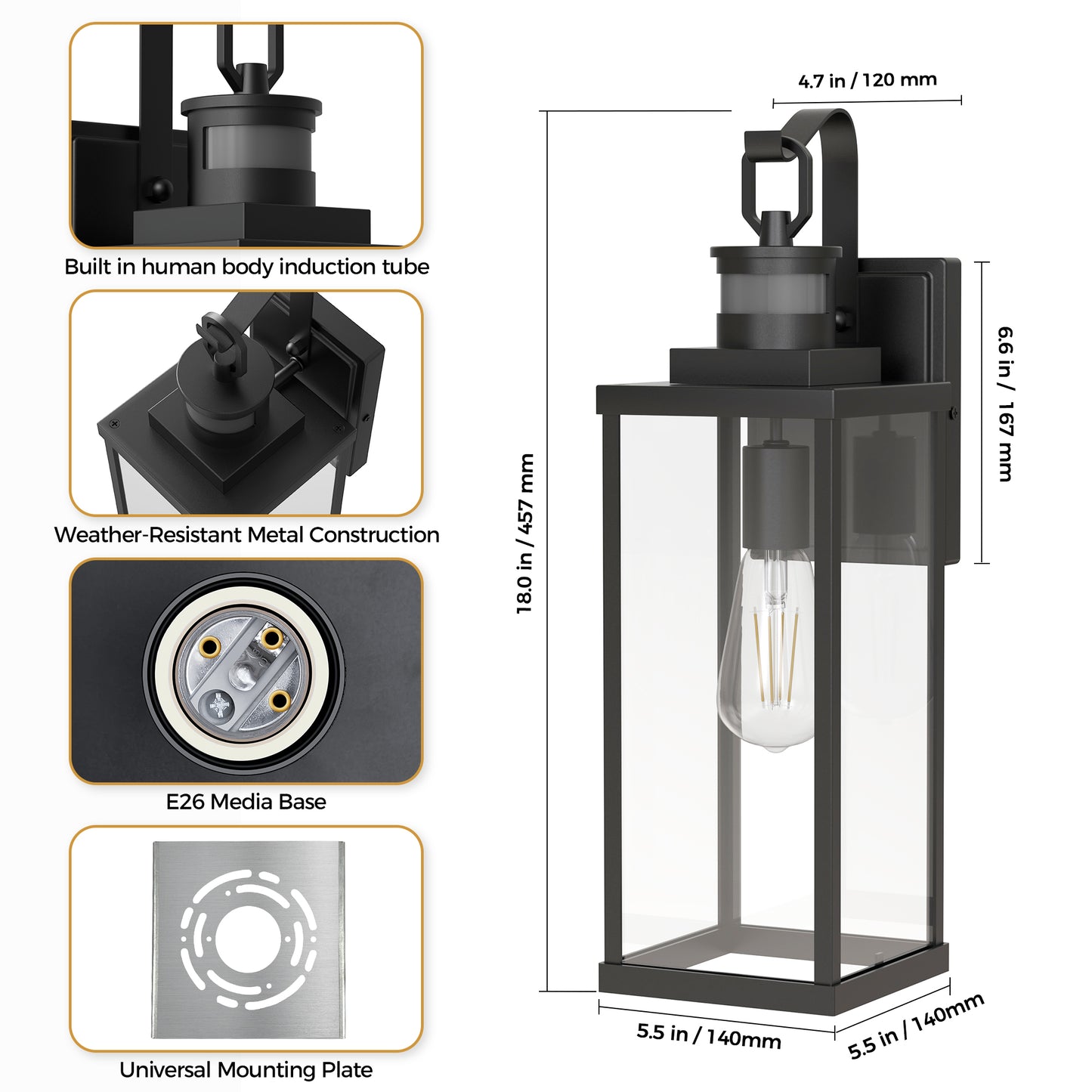 YANSUN Modern 18 in. 1-Light Black Outdoor Wall Sconce with Glass Shade, Dusk to Dawn and Motion Sensor, 2-Pack