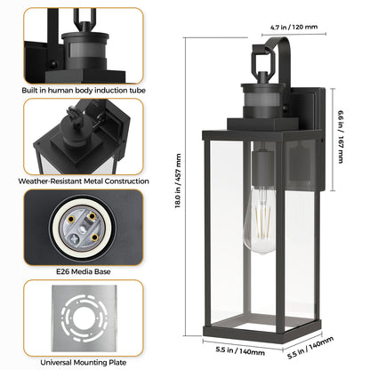 YANSUN Modern 18 in. 1-Light Black Outdoor Wall Sconce with Glass Shade, Dusk to Dawn and Motion Sensor, 2-Pack