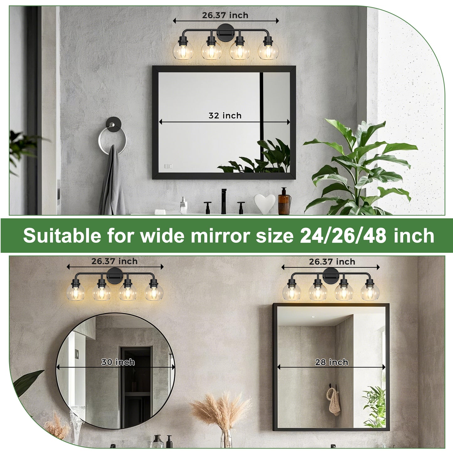 YANSUN 4-Light Black Vanity Light Fixture with Clear Globe Glass Shades Modern Bathroom Wall Sconce E26