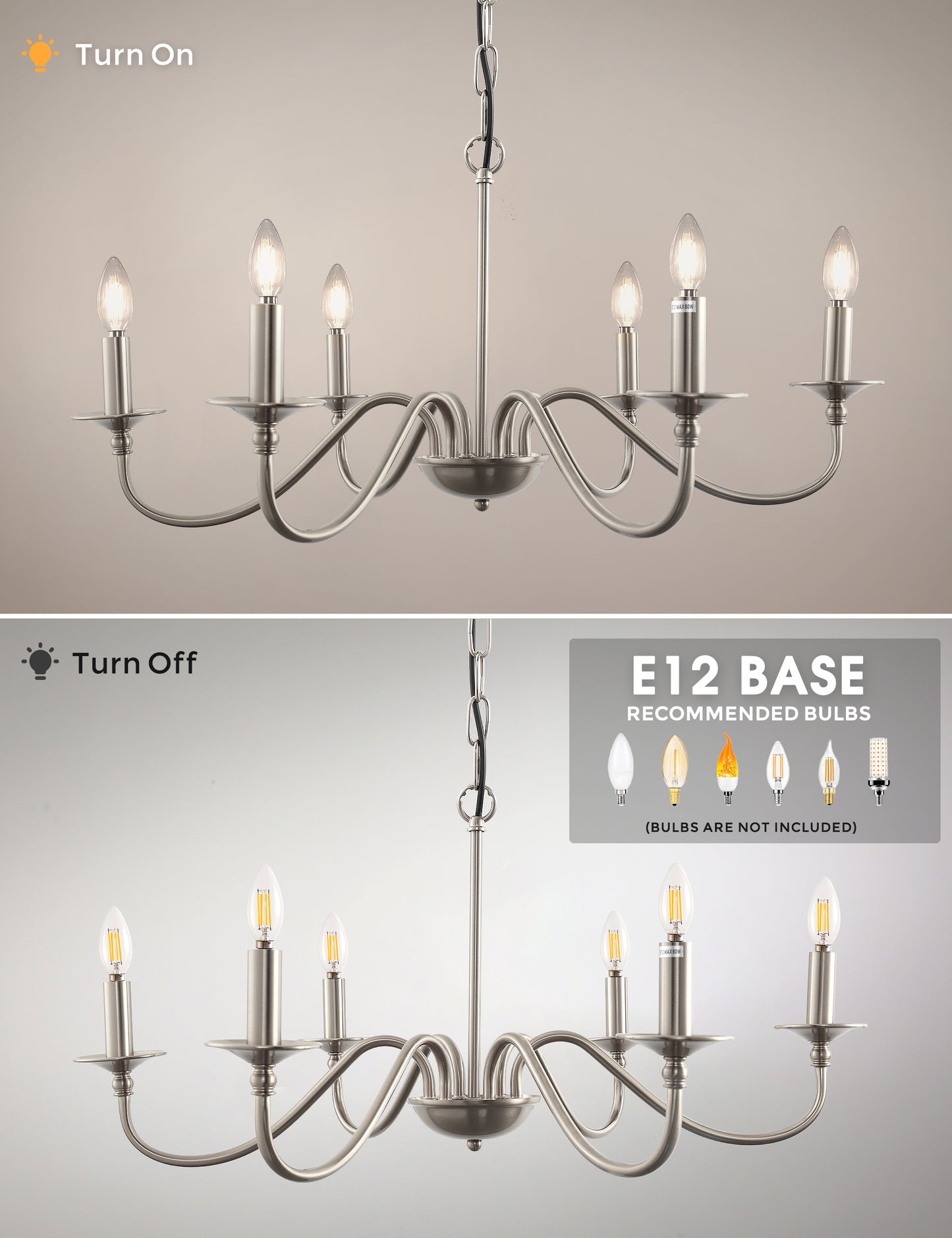 YANSUN 6-Light Nickel Branch Chandelier Modern Ceiling Pendant Light Fixture E12