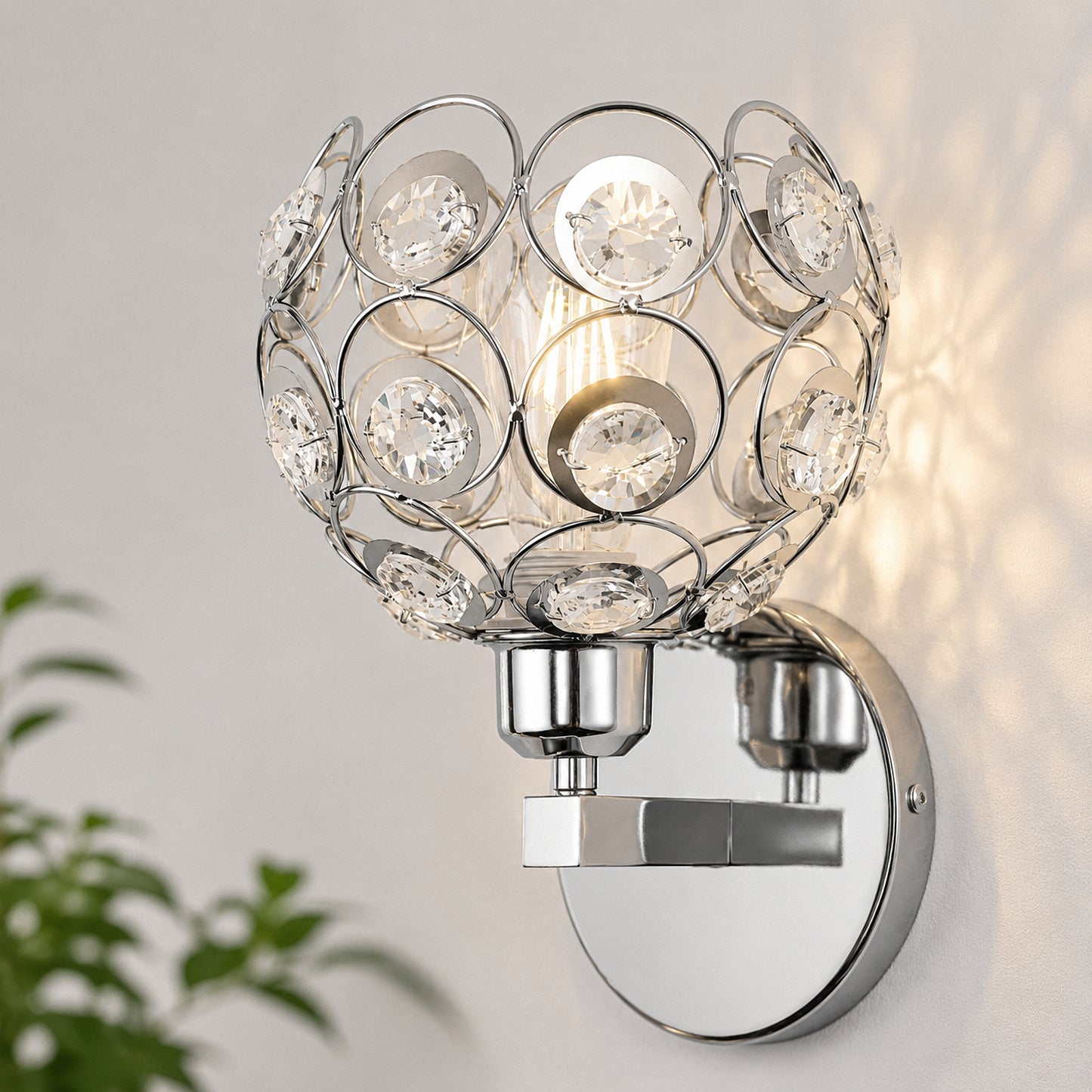 YANSUN Modern Crystal Round Wall Sconce E26 Indoor Wall Light Fixture Chrome Finish 1-Light Vanity Lamp