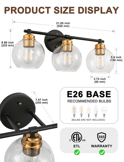 YANSUN 22 in. 3-Light Black and Gold for Bathroom Vanity Light with Clear Glass Shades Wall Sconce