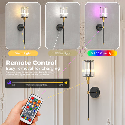 YANSUN 2pk Modern Crystal Wall Sconce with Remote Control, 24.6" Black & Copper Decorative Indoor Wall Light with RGB Color Changing Bulb
