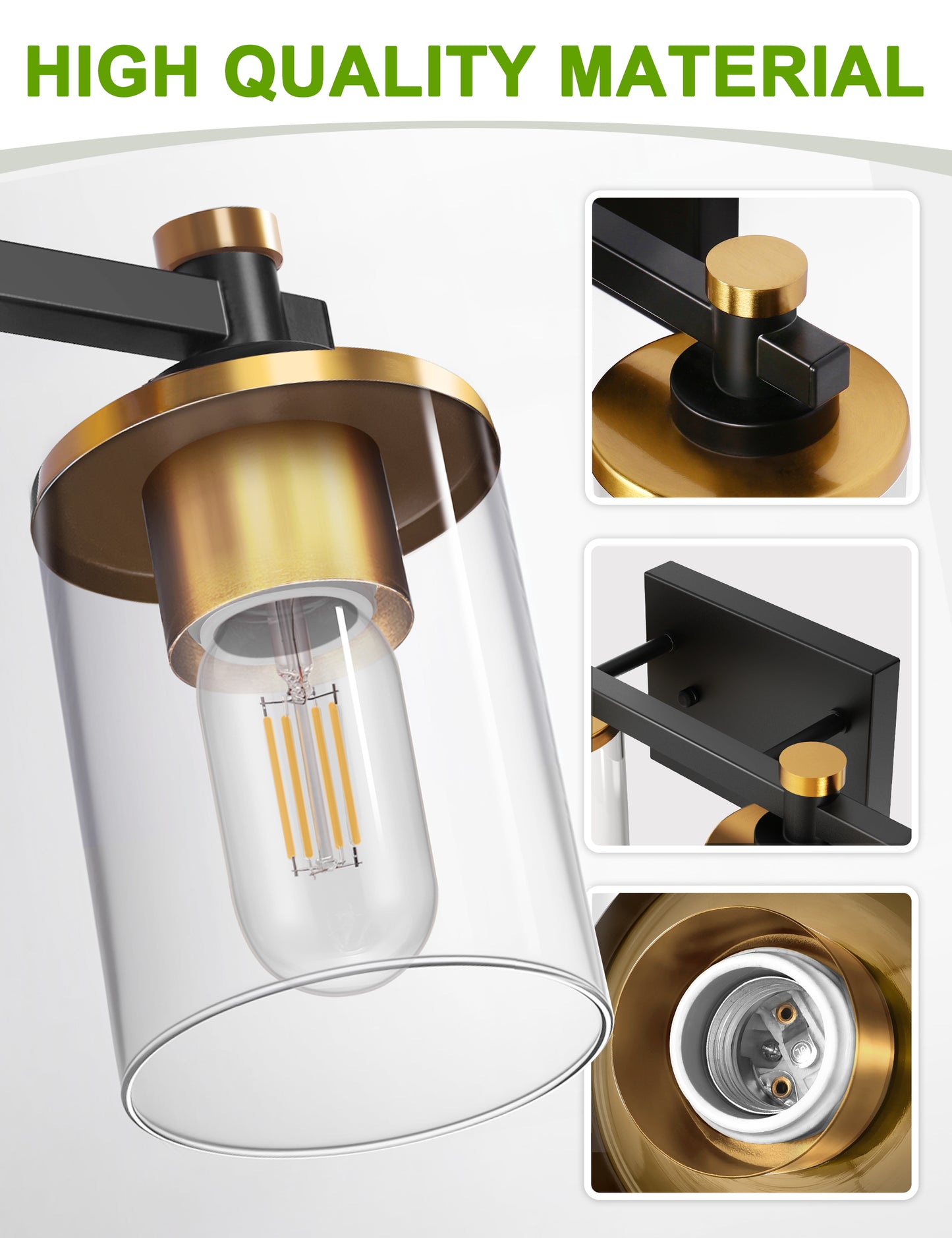 YANSUN 27.6 in. 4-Light Black and Gold Vanity Light Modern Wall Sconce with Clear Cylinder Glass Shades, E26 Bathroom Fixture