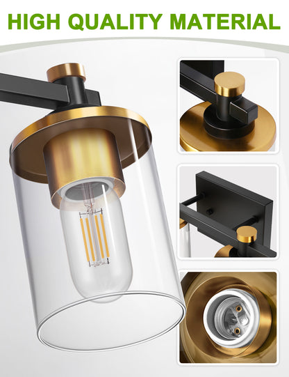 YANSUN 27.6 in. 4-Light Black and Gold Vanity Light Modern Wall Sconce with Clear Cylinder Glass Shades, E26 Bathroom Fixture