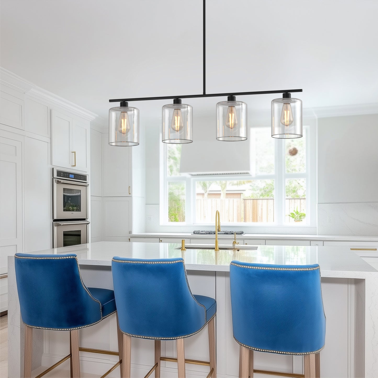 YANSUN 4-Light Island Pendant Light with Clear Glass Shades, Black Finish Hanging Fixture with E26 Base