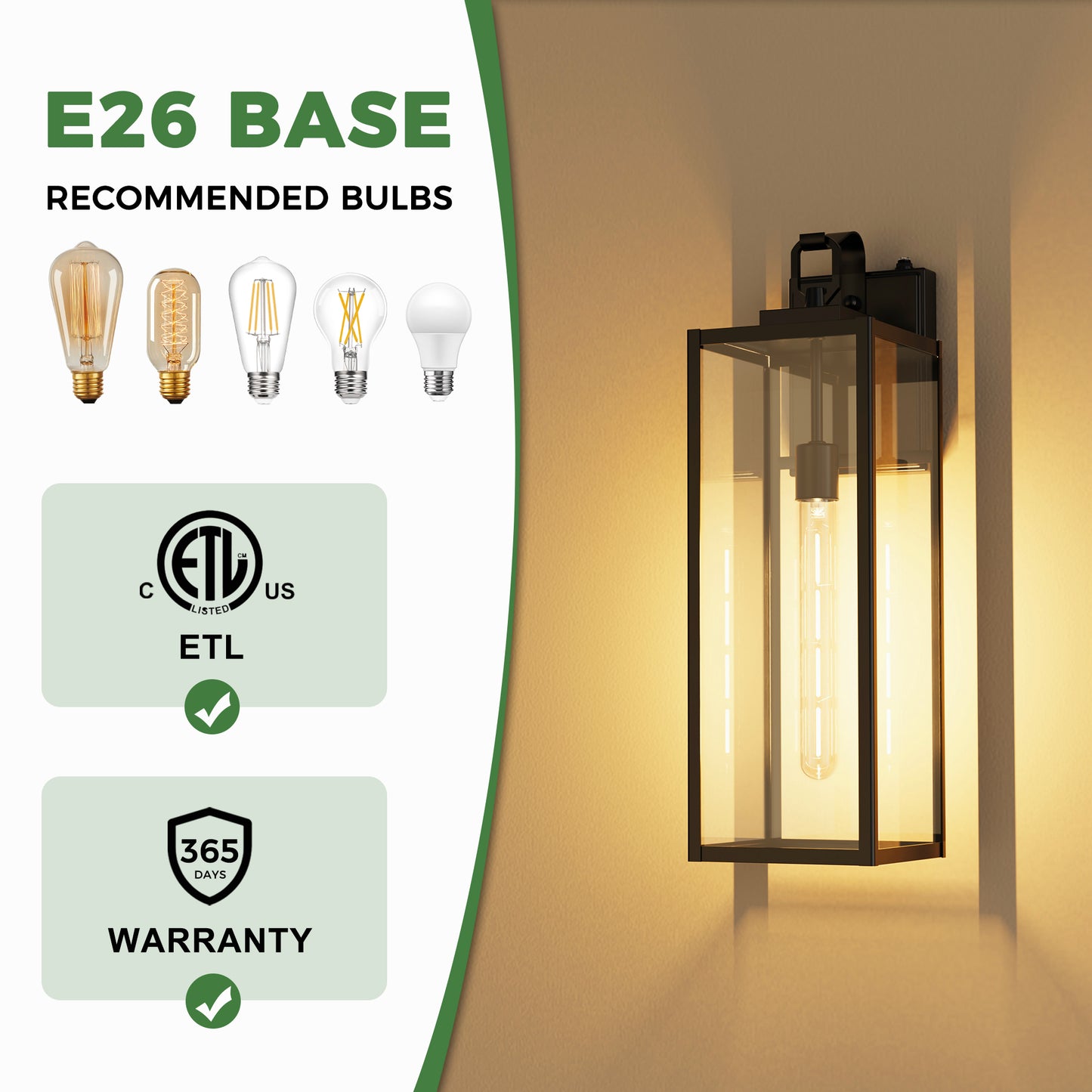YANSUN Set of 2 Outdoor Wall Lanterns with Clear Glass Shade, Dusk-to-Dawn Sensor and 4 T30-225 Bbs, E26 Socket, 20 In. Height