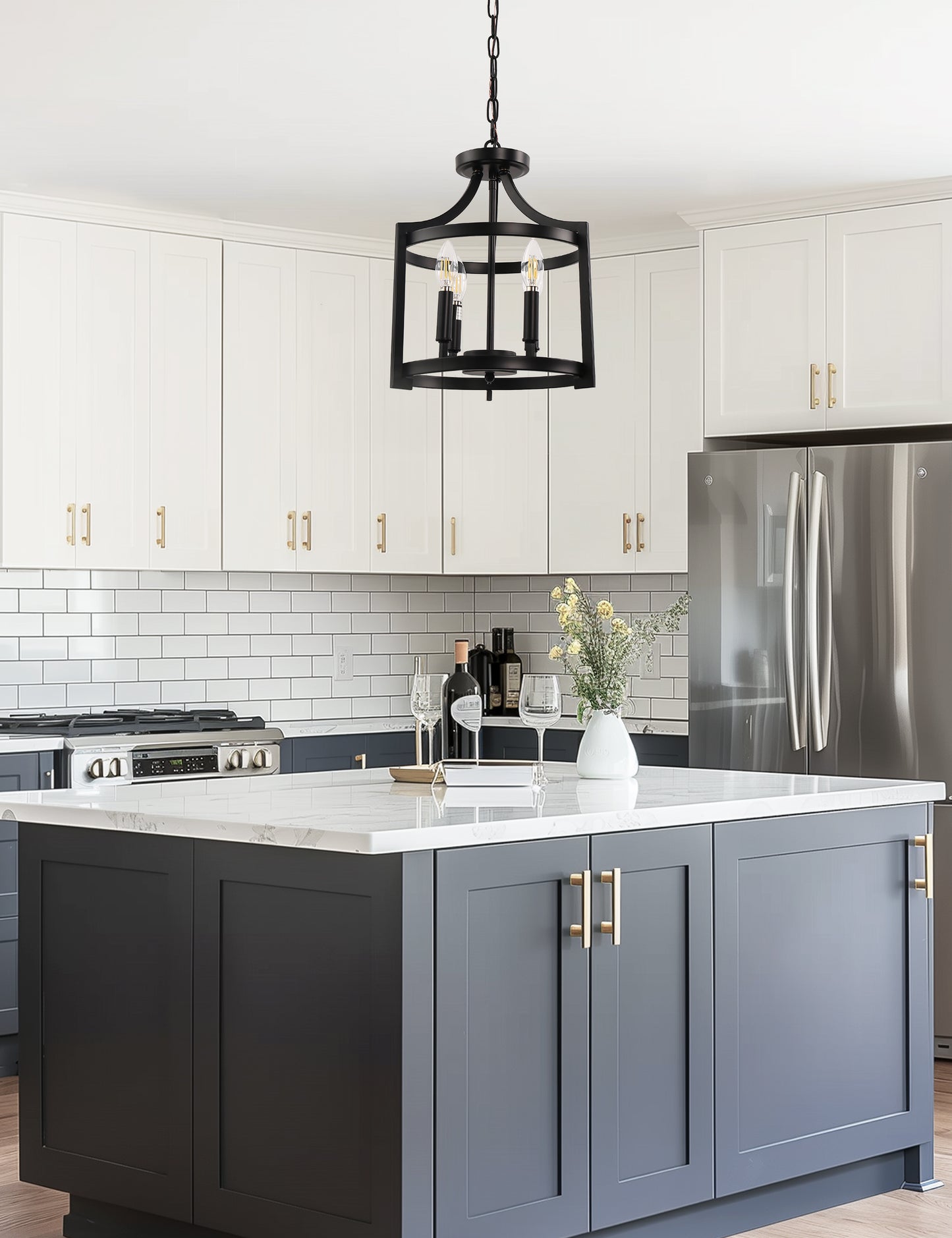 YANSUN 4-Light Black No Decorative Accents Drum Chandelier for Foyer Kitchen Island with No Bulbs Included