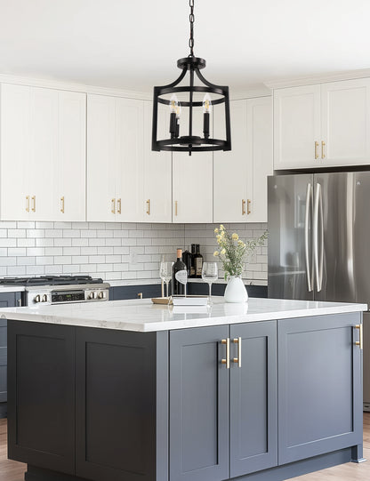 YANSUN 4-Light Black No Decorative Accents Drum Chandelier for Foyer Kitchen Island with No Bulbs Included