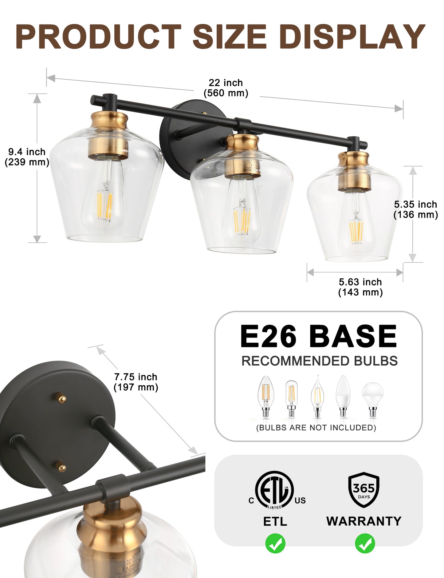 YANSUN 22 in. Black and Gold 3-Light Vanity Light with Clear Glass Shade for Vanity Powder Room Dressing Room
