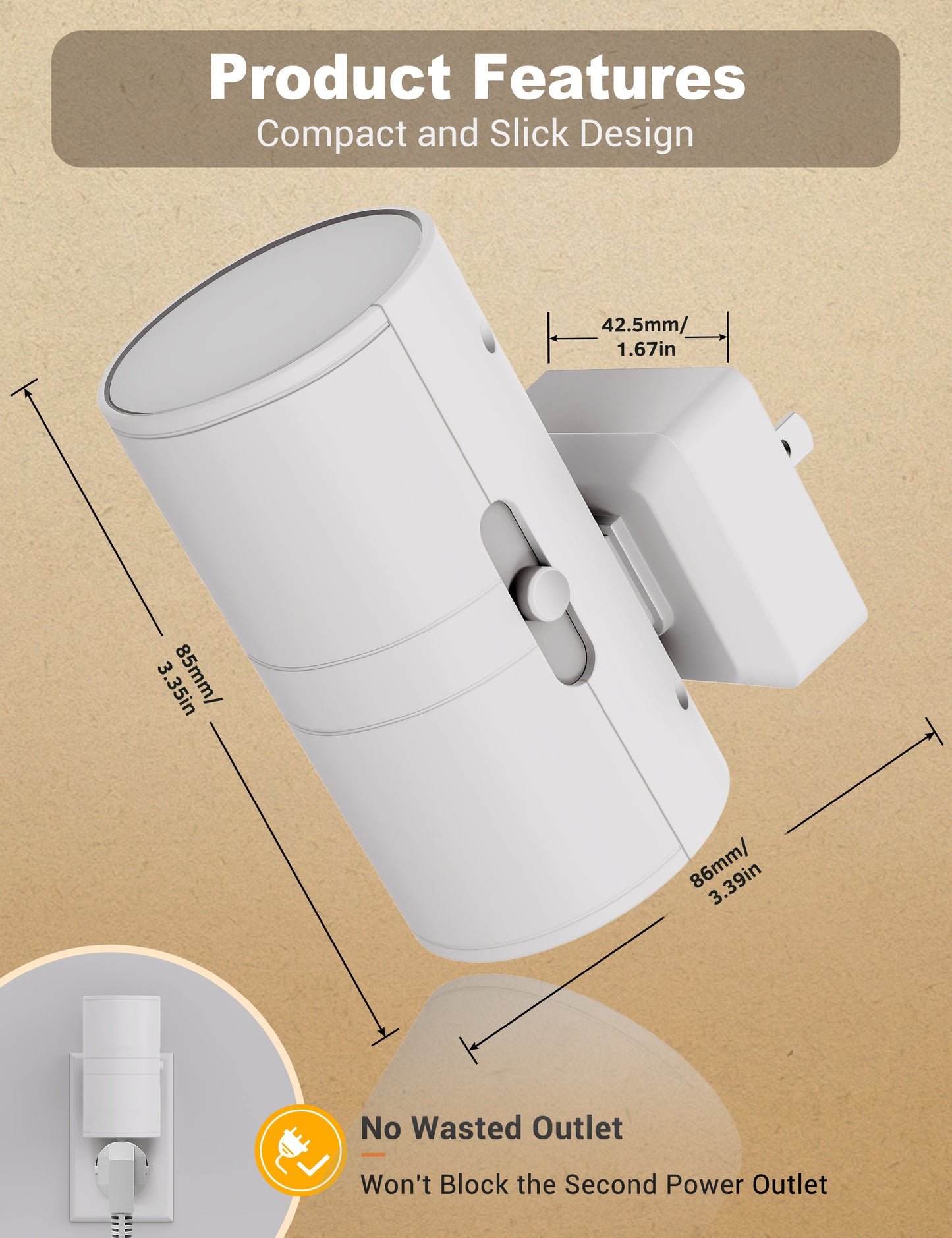 YANSUN 2-Pack Plug-in Dusk to Dawn Night Light, 1W Dimmable LED Wall Style Night Lamp, 3000K Warm Light, White Cylinder Design, US Plug