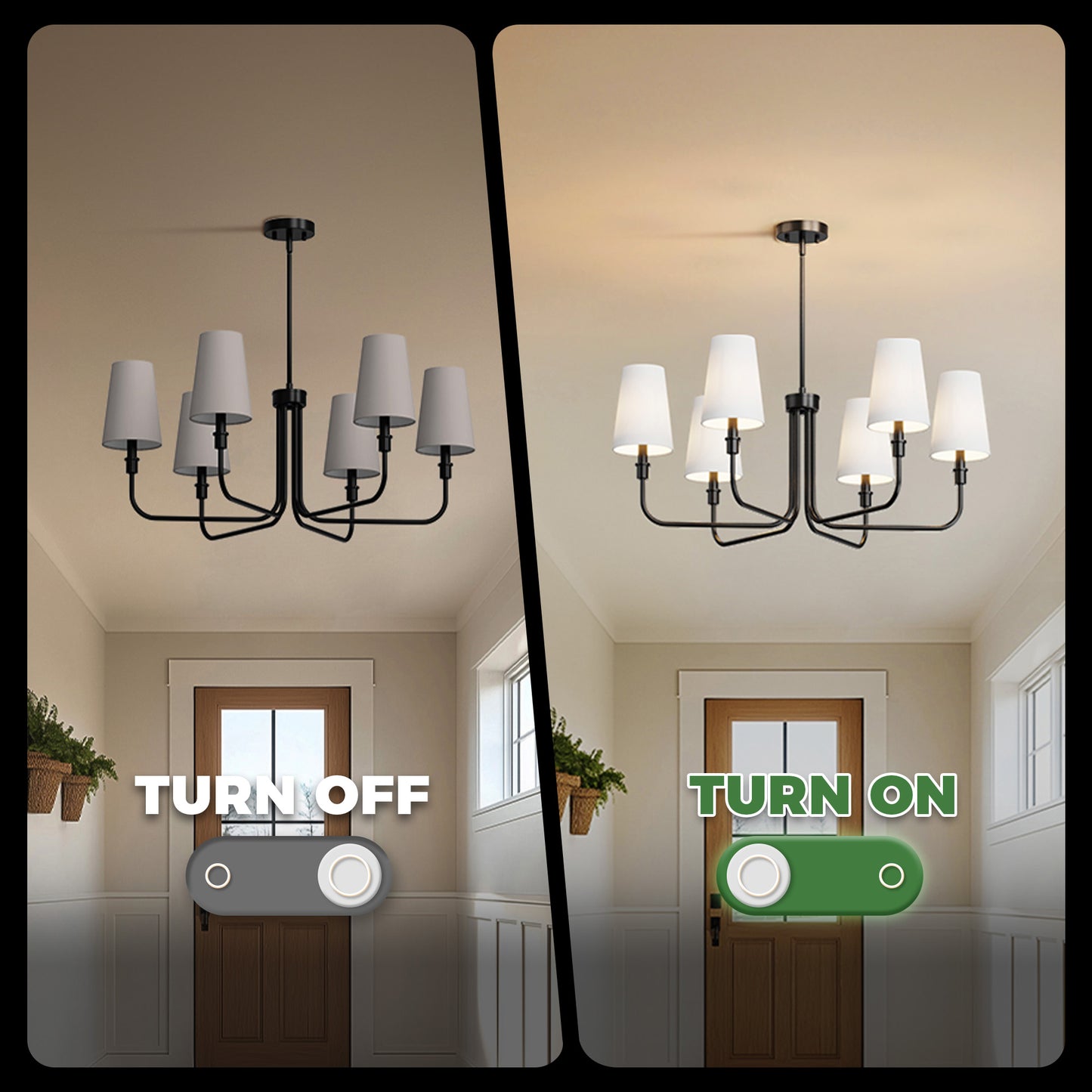 YANSUN 6-Light Industrial Black Chandelier with Tapered Fabric Shade E12 for Dining Room or Foyer Kitchen (Bulbs No Included)