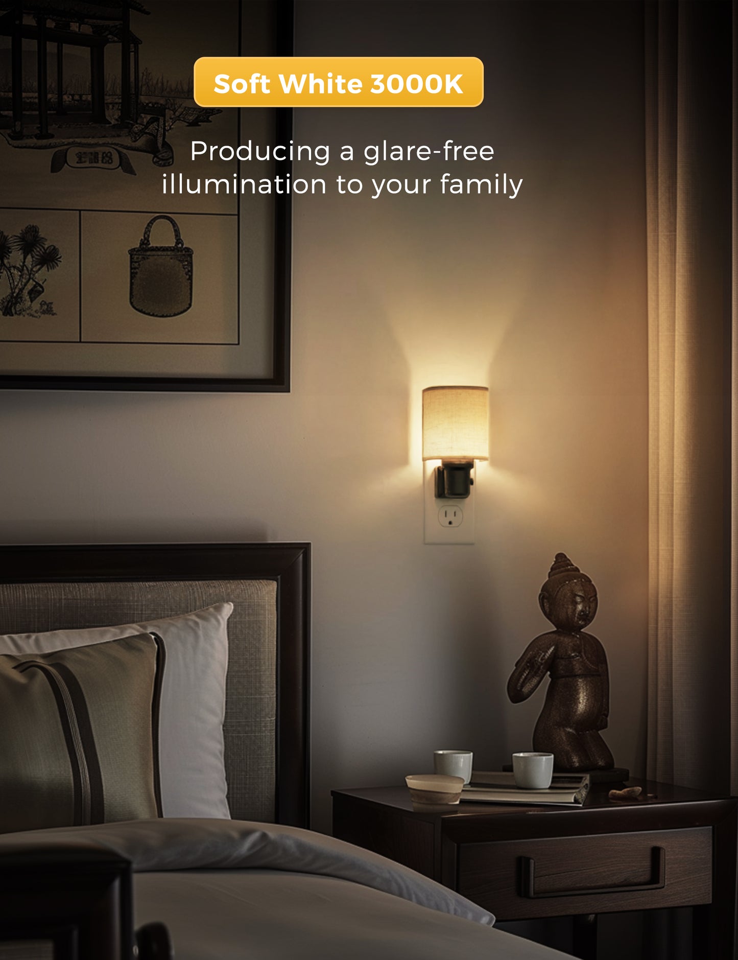 YANSUN 1-Pack 1W Plug-In Dimmable Night Light with Fabric Shade, Warm 2700K LED, Slide Dimmer, US 3-Prong Plug ???¡ì?C Black Base & Copper Finish Accent