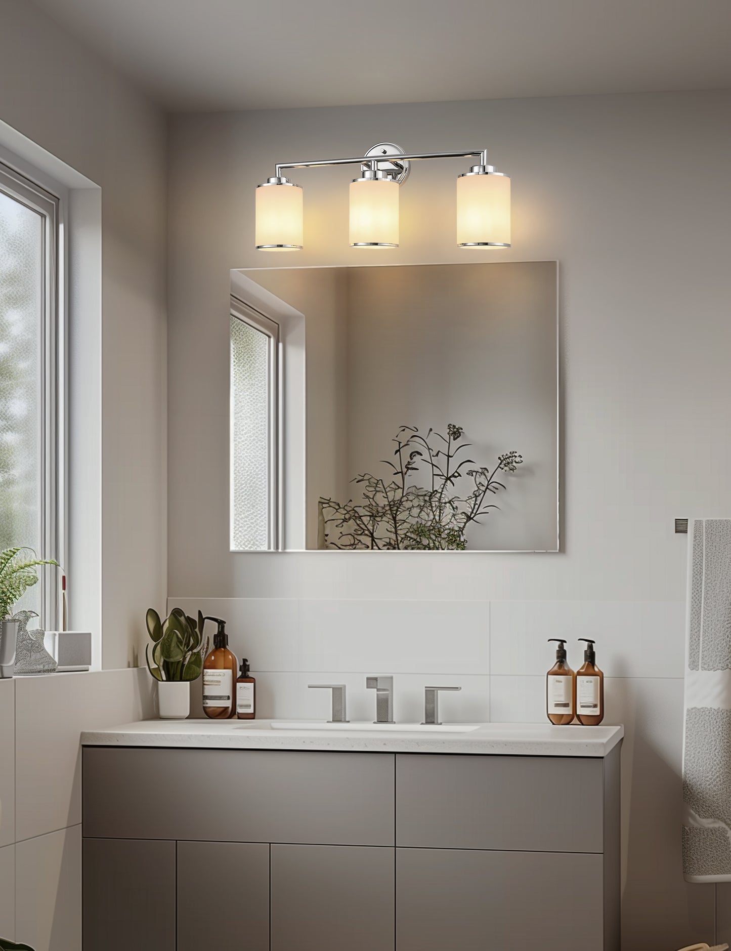 YANSUN 17 in. 3-Light Chrome Vanity Light with Frosted Cylinder Glass Shades Stylish Modern Wall Sconce for Vanity Powder Room