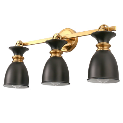 YANSUN 25 in. 3-Light Black and Gold Vanity Light with Black Cone Metal Shade Wall Sconce for Bathroom Vanity and Hallway