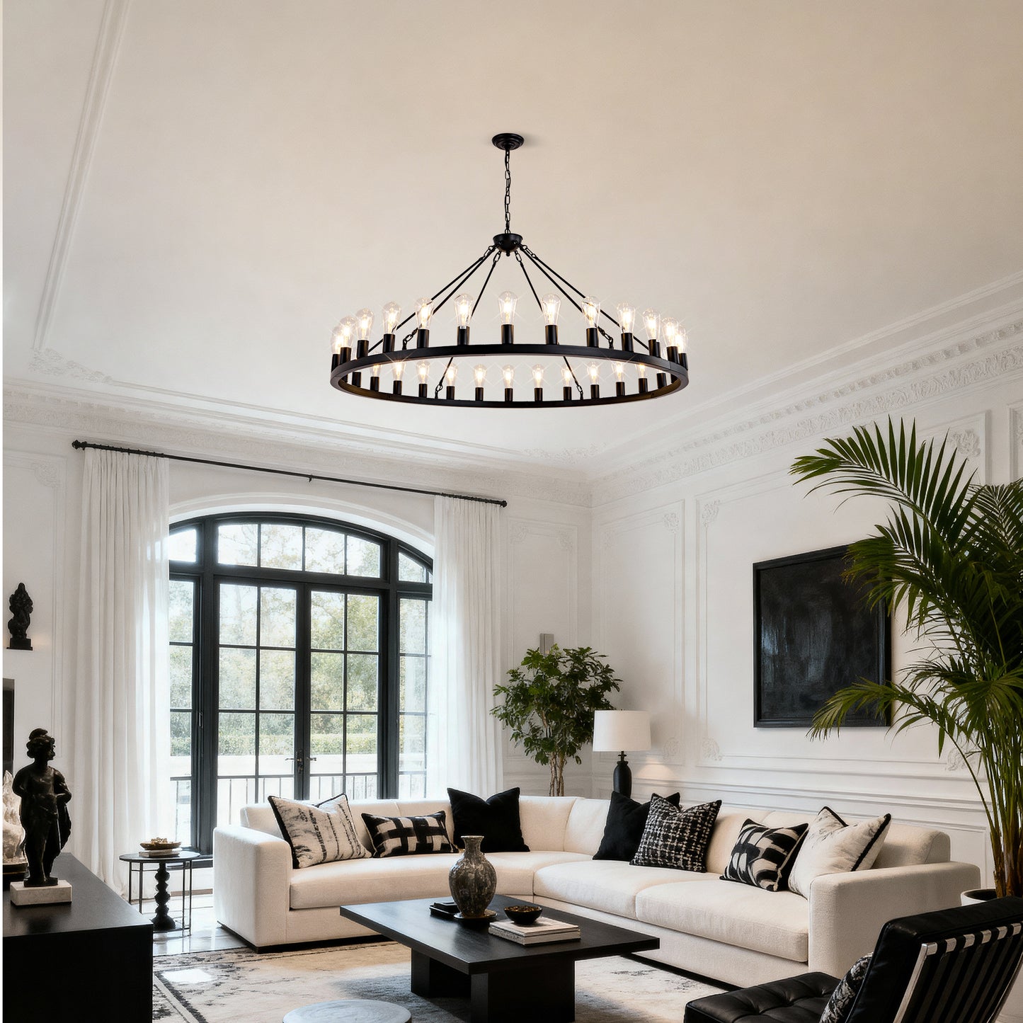 YANSUN 64in. Matte Black Wagon Wheel Chandelier 30-Light E26 Farmhouse Industrial Pendant Light for High Ceiling Dining Room (No Bulbs)