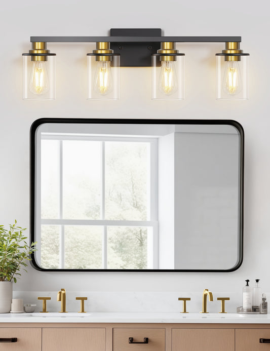 YANSUN 28 in. 4-Light Black and Gold Bathroom Vanity Light with Clear Glass Shades for Over Mirror