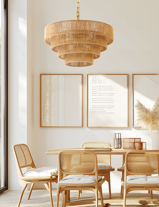 YANSUN  6-Light Boho Chandelier with Woven Rattan Shades, Copper Finish Multi-Tier Decorative Hanging Fixture