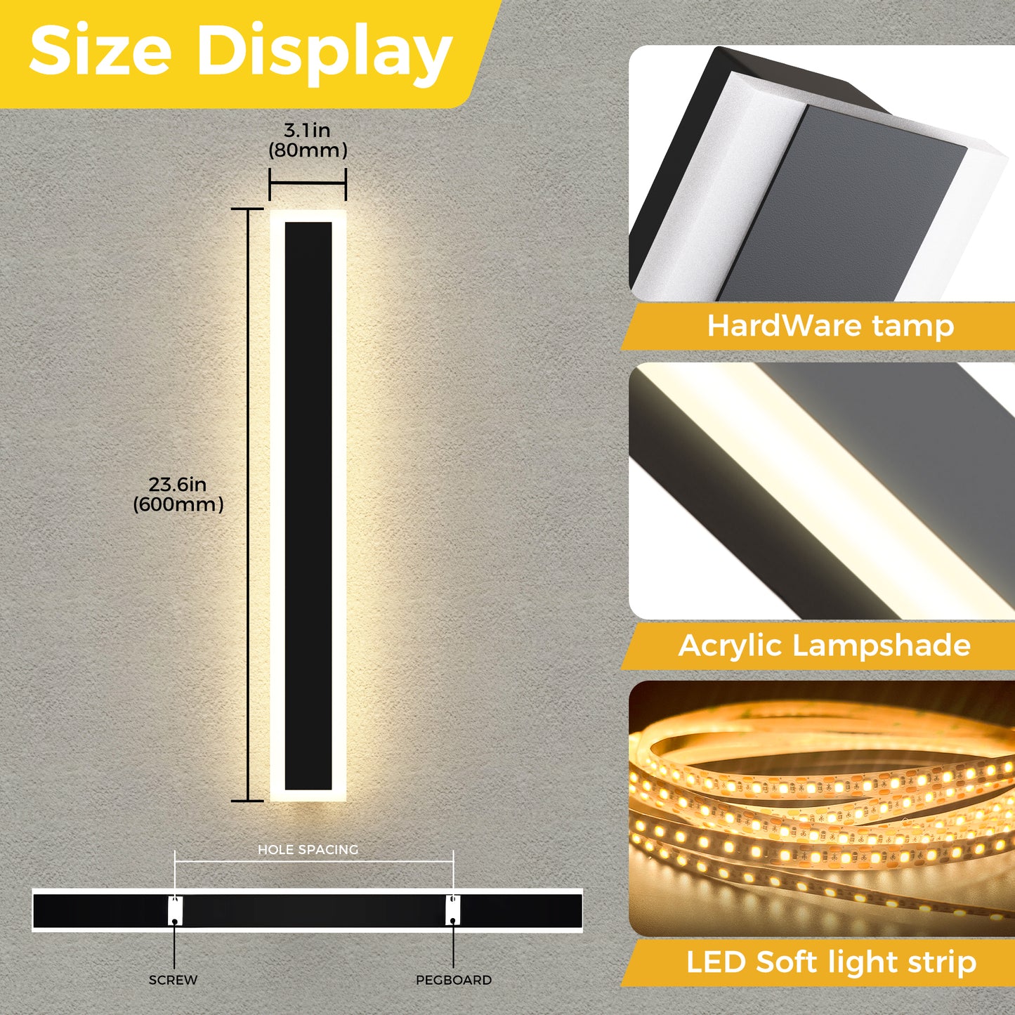 YANSUN 23.6 in. 1-Light Black Modern Integrated LED Outdoor Wall Light, Waterproof Porch Lantern Sconce for Garden or Patio