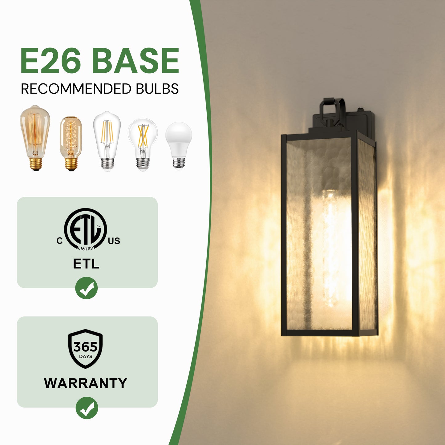 YANSUN 2-Pack Outdoor Wall Light with Dusk-to-Dawn Sensor, 18in Metal Fixture with Stone-Pattern Glass Shade, Upward Hook Design, E26 Base