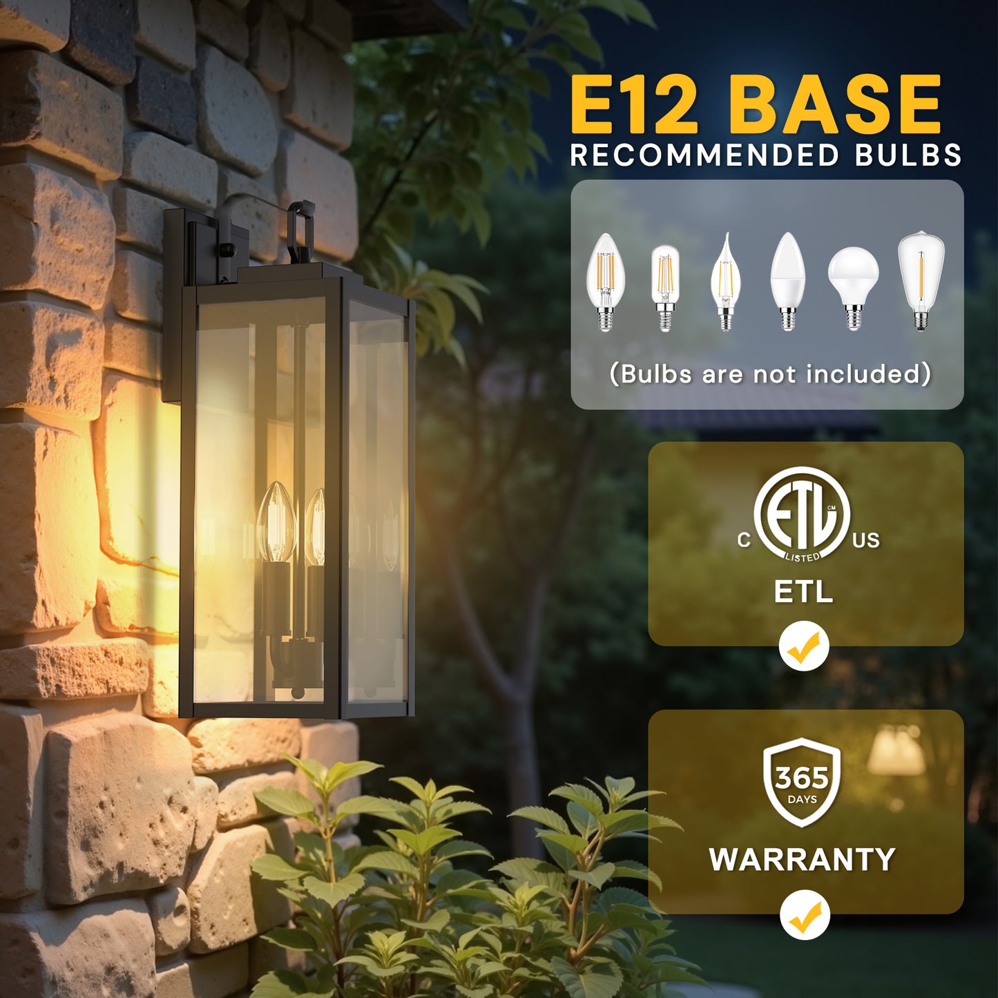 YANSUN 2-Pack Black Lantern Outdoor Wall Sconce with Motion Sensor and Clear Glass, E26 Base, IP23, No Bulbs Included