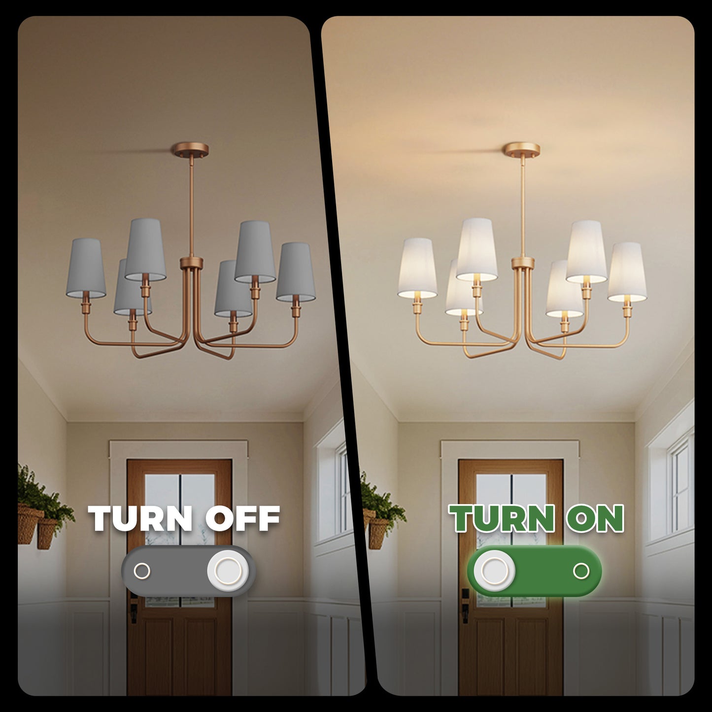YANSUN 6-Light Chandelier with Straight Tubular Arms and Inverted Cone Fabric Shades, Gold Finish, E12 Bulbs Not Included