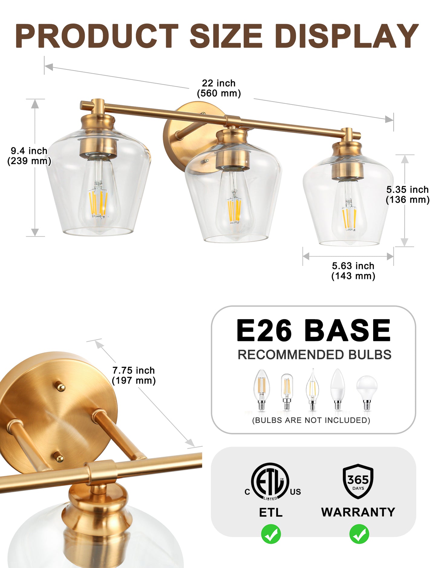 YANSUN 22 in. Gold 3-Light Vanity Light for Bathroom with Clear Wine Glass Shade and No Bulbs Included