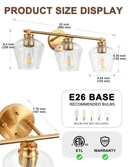 YANSUN 22 in. Gold 3-Light Vanity Light for Bathroom with Clear Wine Glass Shade and No Bulbs Included