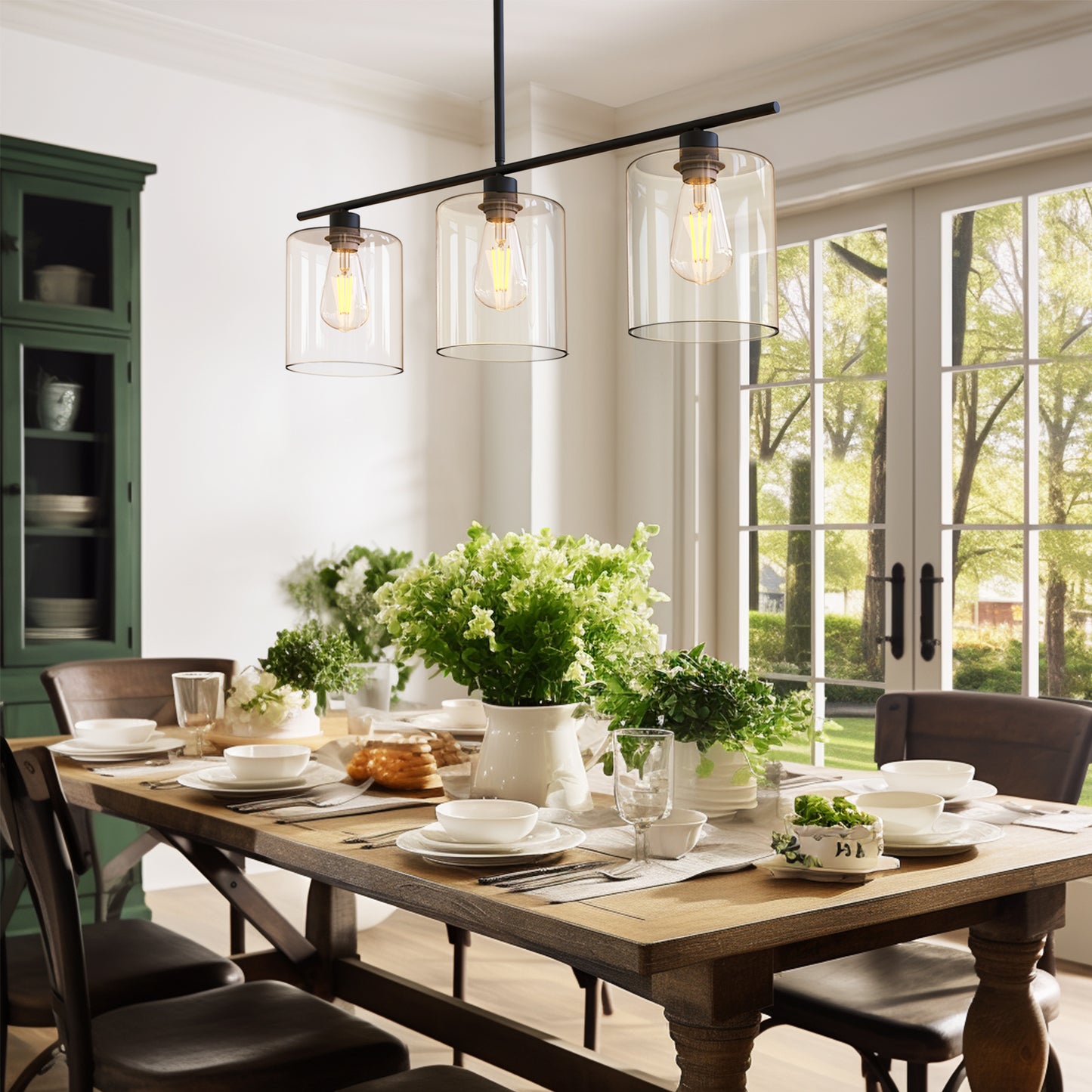 YANSUN Modern 3-Light Kitchen Island Pendant Light, Black Ceiling Fixture with Clear Glass Shades, E26 Hanging Rod Chandelier for Dining Room Kitchen Island