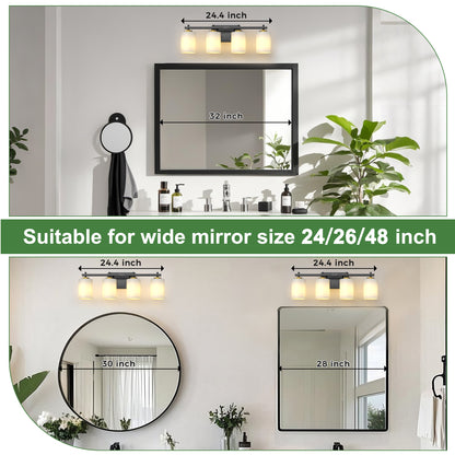 YANSUN 24 in. 4-Light Black and Gold Bathroom Vanity Light with Cylinder Frosted Glass Shade for Vanity or Dressing Room