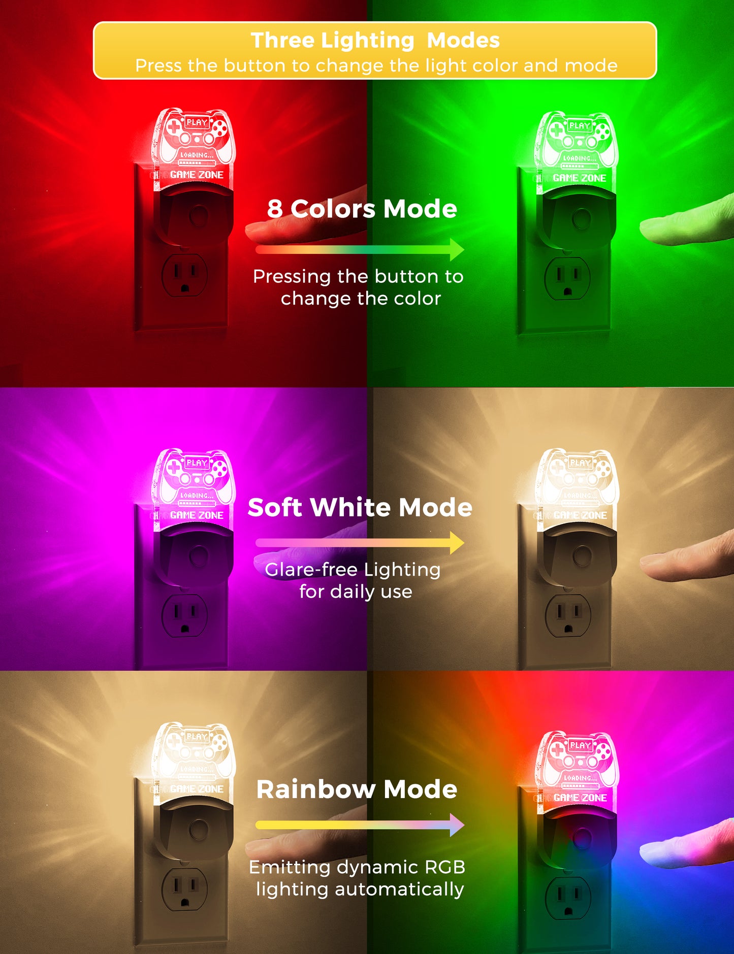 YANSUN 1-Pack 0.5W Plug-in Night Light with Light Sensor, RGB & 3000K Warm Light, Color Changing, Memory Function, White Acrylic, US Plug