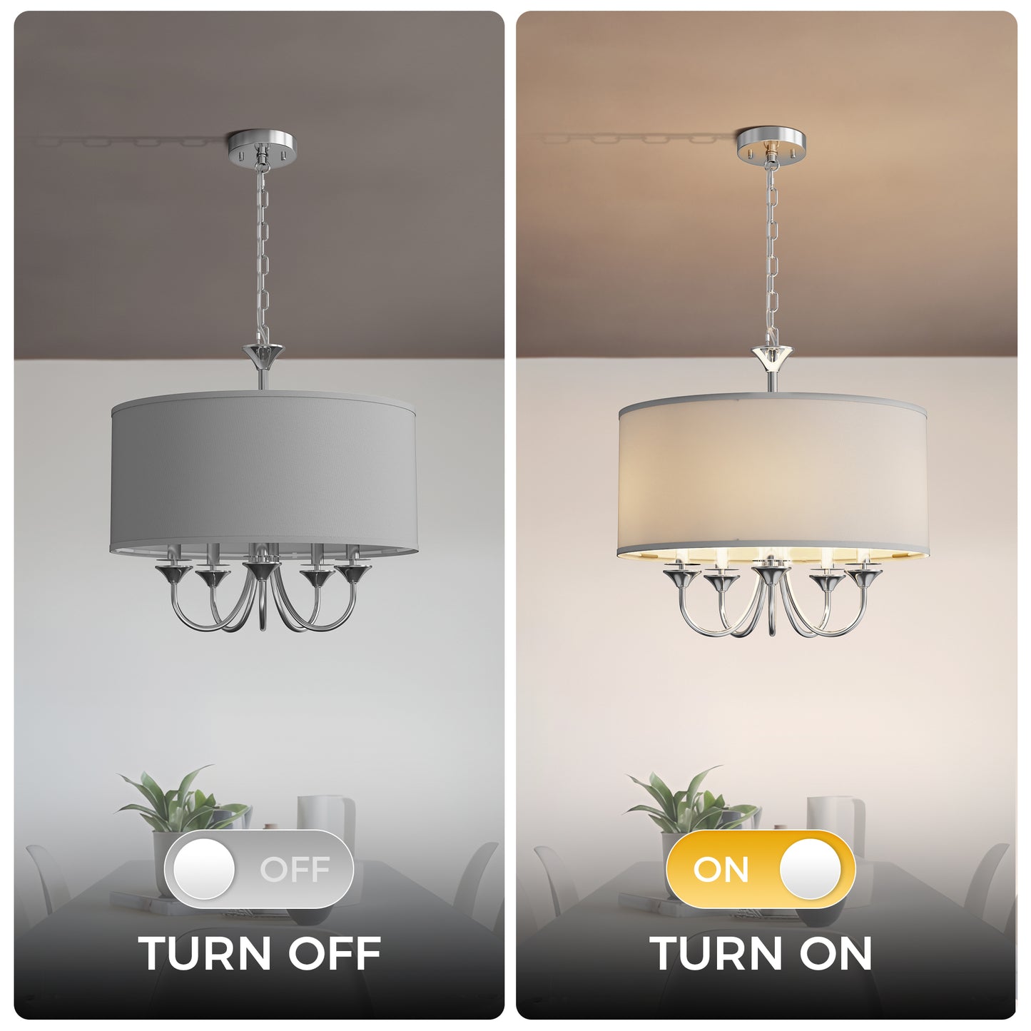 YANSUN 80.5 in. 5-Light Silver Drum Chandelier Modern Branch Arm Pendant Light E12 Base for Dining Room Kitchen Living Room