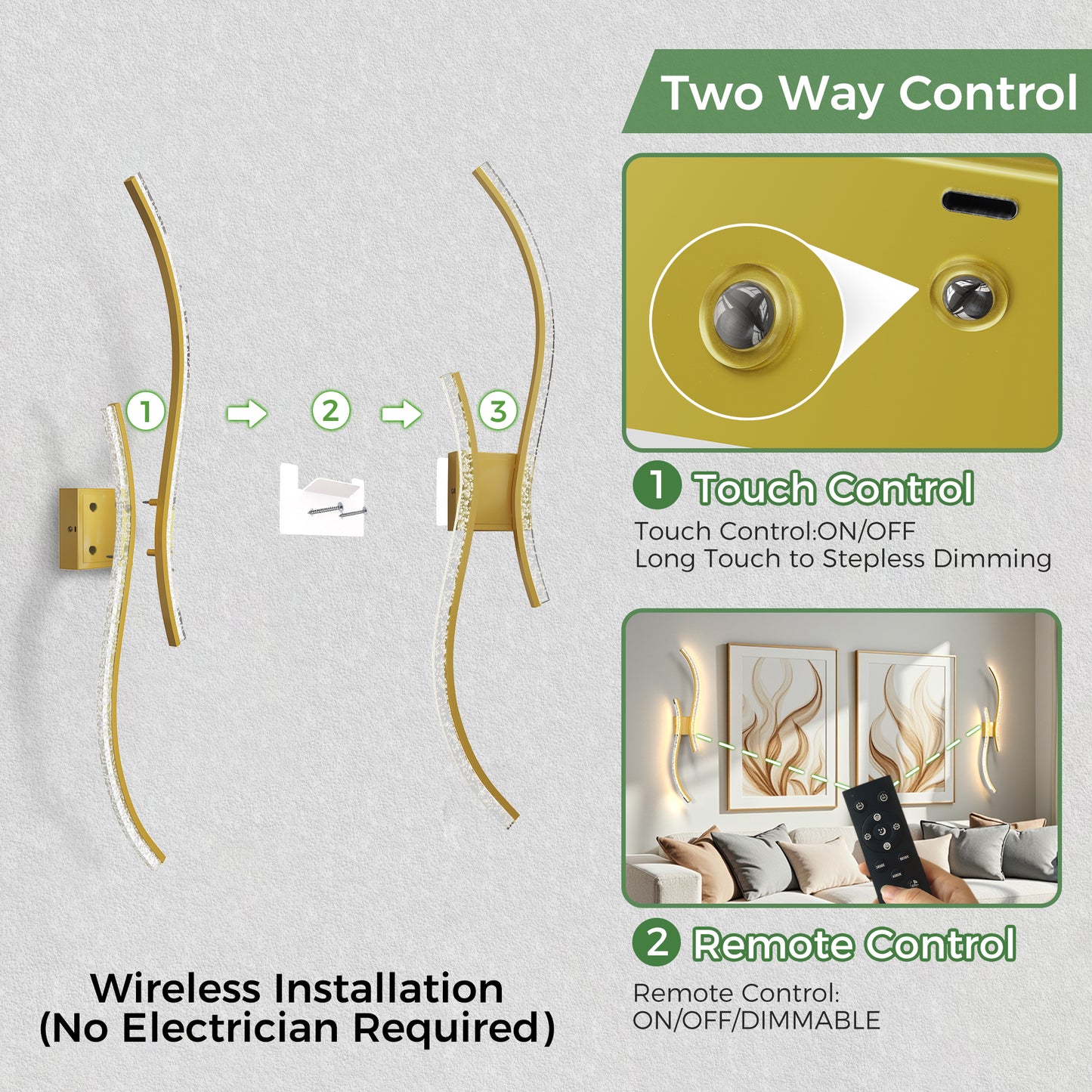 YANSUN 2-Pack Dual Wave Wall Lights, LED Built-in, 5W, 2700K-6000K, Remote Control, U.S. Two-Prong Plug, Type-C USB