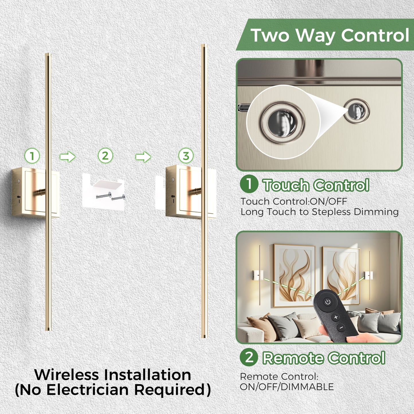 YANSUN 2-Pack LED Indoor Wall Sconce Brushed Nickel Linear Wall Light Remote Control Dimmable 3000K Warm White Modern Fixture