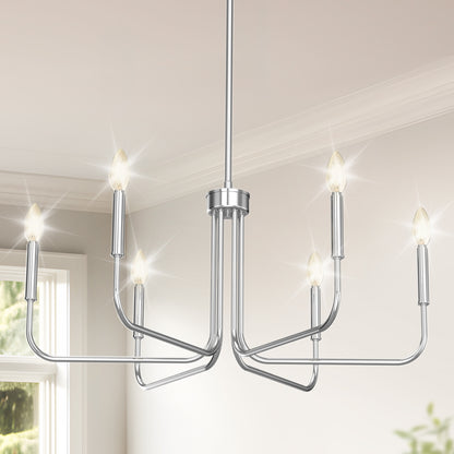 YANSUN 6-Head Chrome Traditional Chandelier - 28in E12 Metal Candelabra for Living Room Entryway, 40W Max