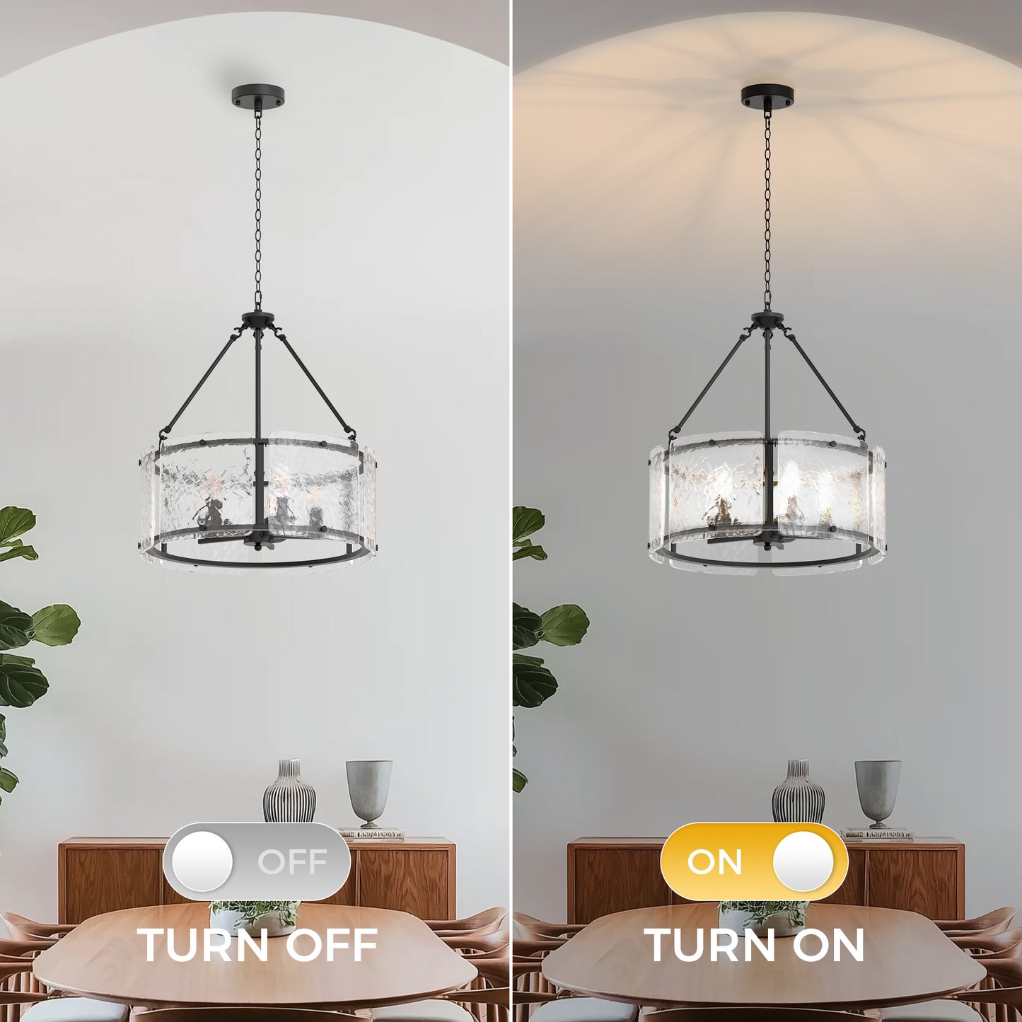 YANSUN 5-Light Black Drum Chandelier Pendant Light with Glass Shade and E12 Base for Dining Room, No Bulbs Included