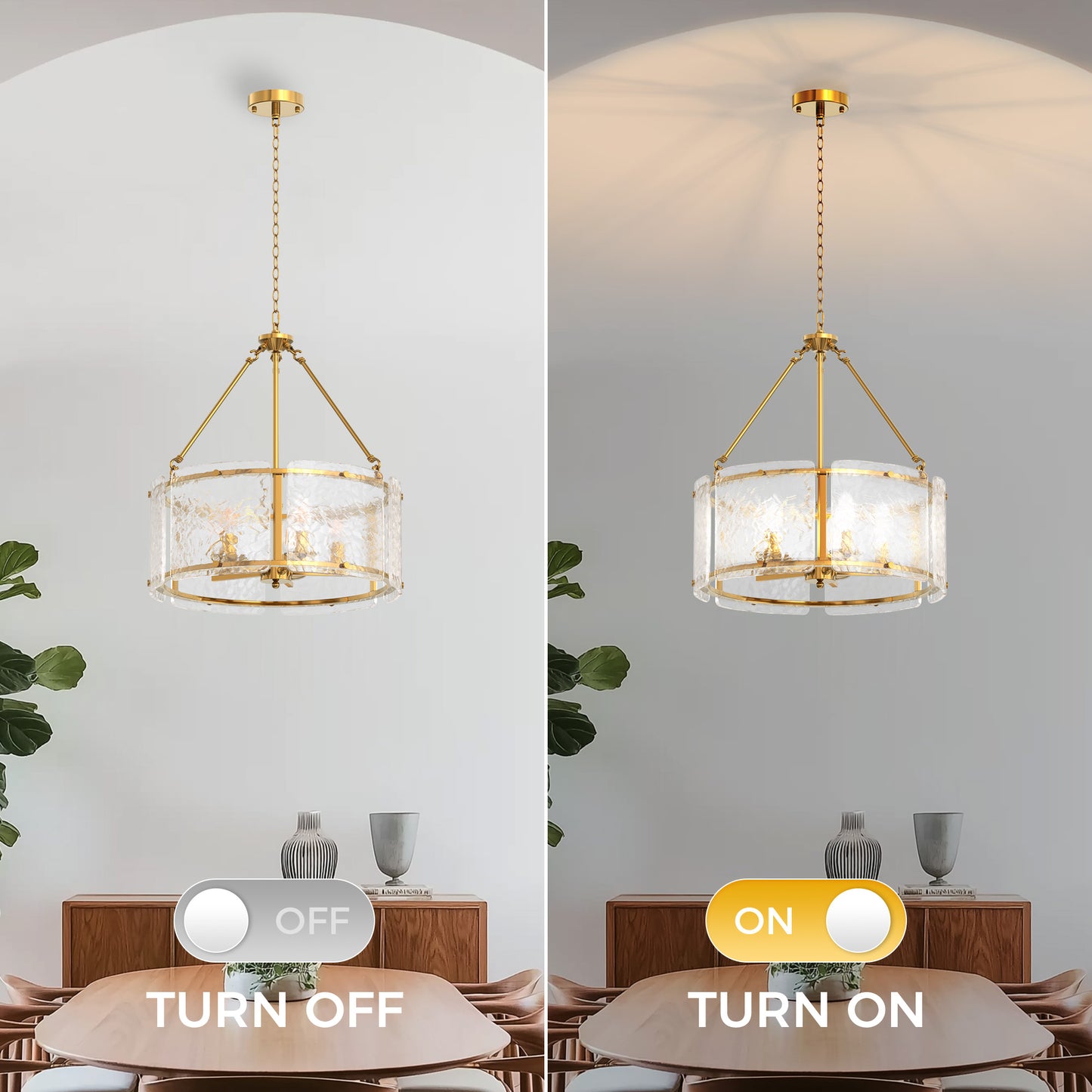 YANSUN 21 in. 5-Light Gold Modern Glass Drum Chandeliers, Dining Room Light Pendant Light Fixtures Over Table