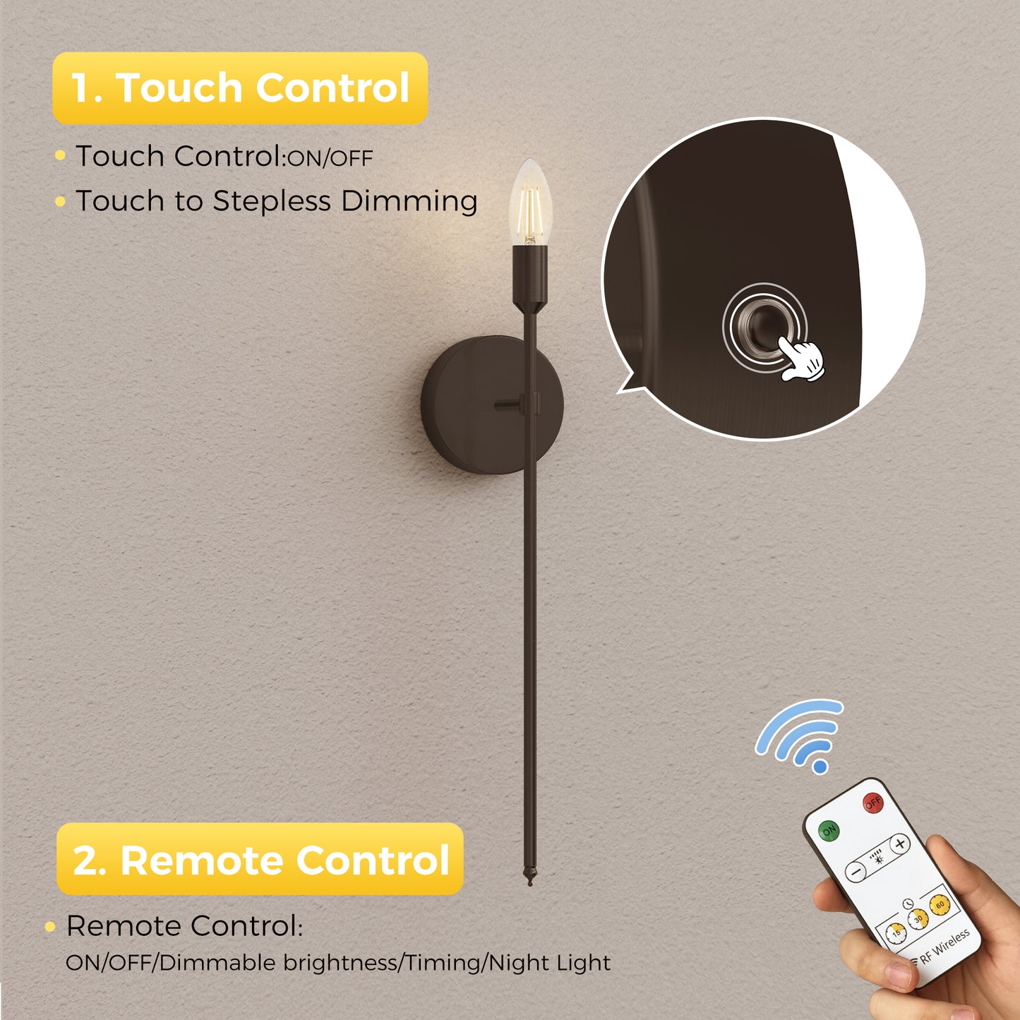 YANSUN 2-Pack Candle Style Wall Light, E12 Socket, Non-Integrated Light Source, 3000K, Remote & Touch Control