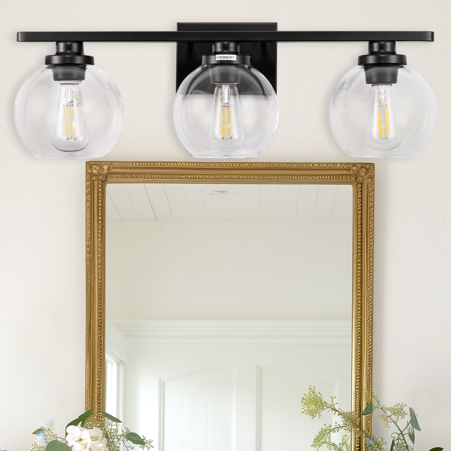 YANSUN 25 in. 3-Light Matte Black Vanity Light, Modern Farmhouse Wall Sconce with Open Globe Glass Shades for Bathroom