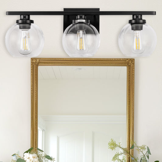 YANSUN 25 in. 3-Light Matte Black Vanity Light, Modern Farmhouse Wall Sconce with Open Globe Glass Shades for Bathroom