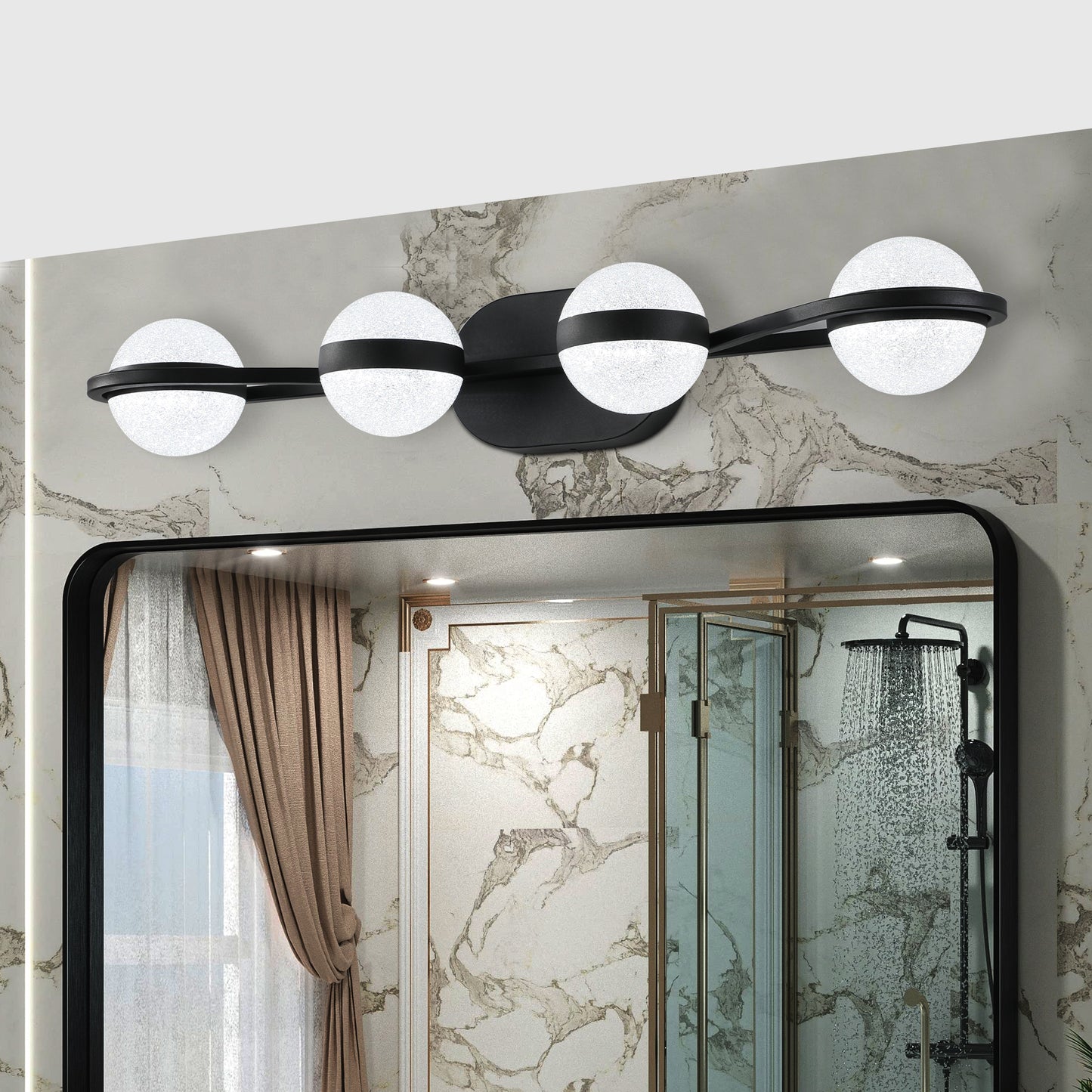 YANSUN 30"Black LED Bathroom Vanity Light with Crystal Sand Acrylic Shades, 4-Ligh Decorative WallLighting Fixturefor Bathroom Vanity Mirror