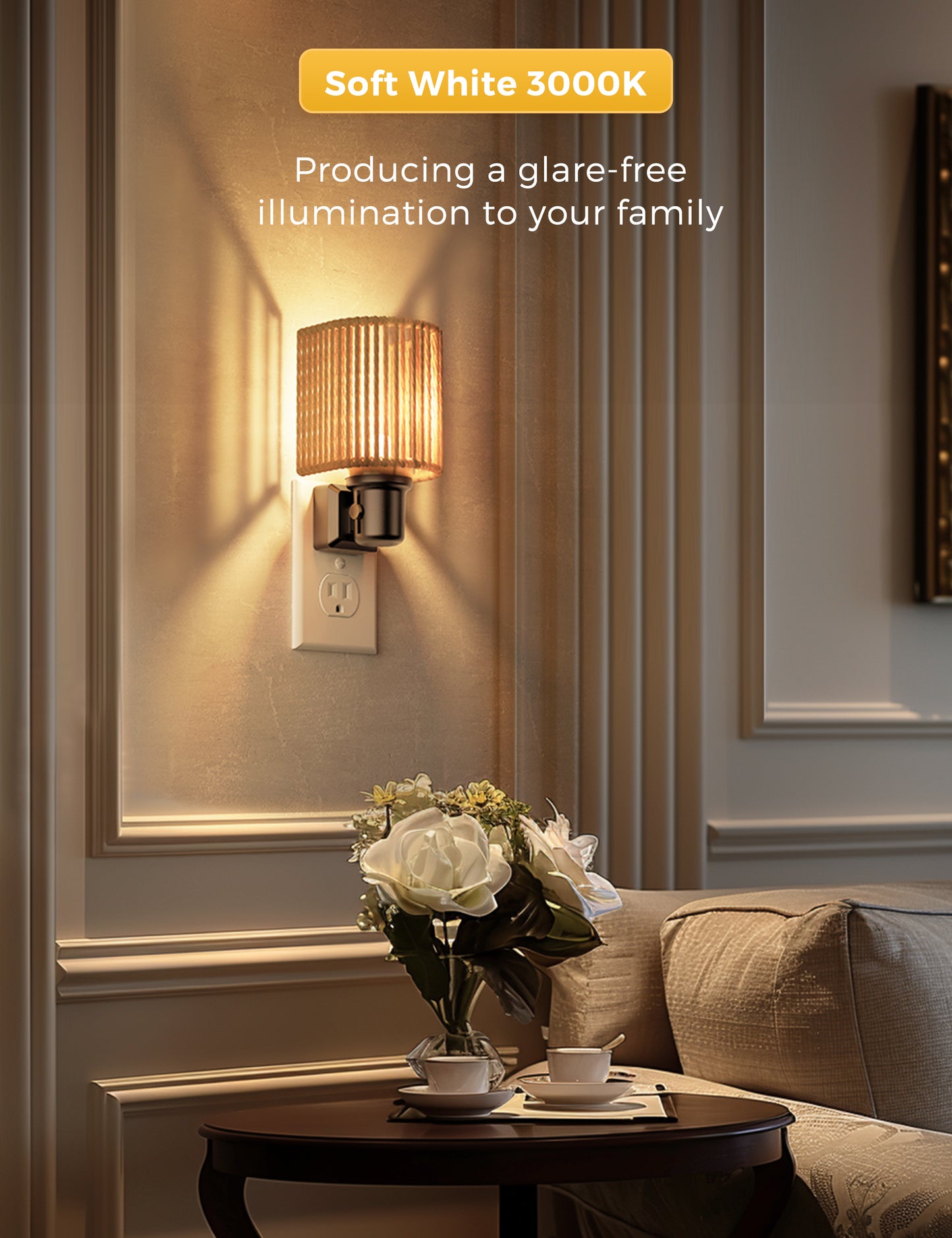 YANSUN 1-Pack 1W Dusk to Dawn Plug-in Night Light Boho Rope Shade Warm White 2700K Dimmable LED Night Light with Gold Ring Accent for Bedroom Hallway