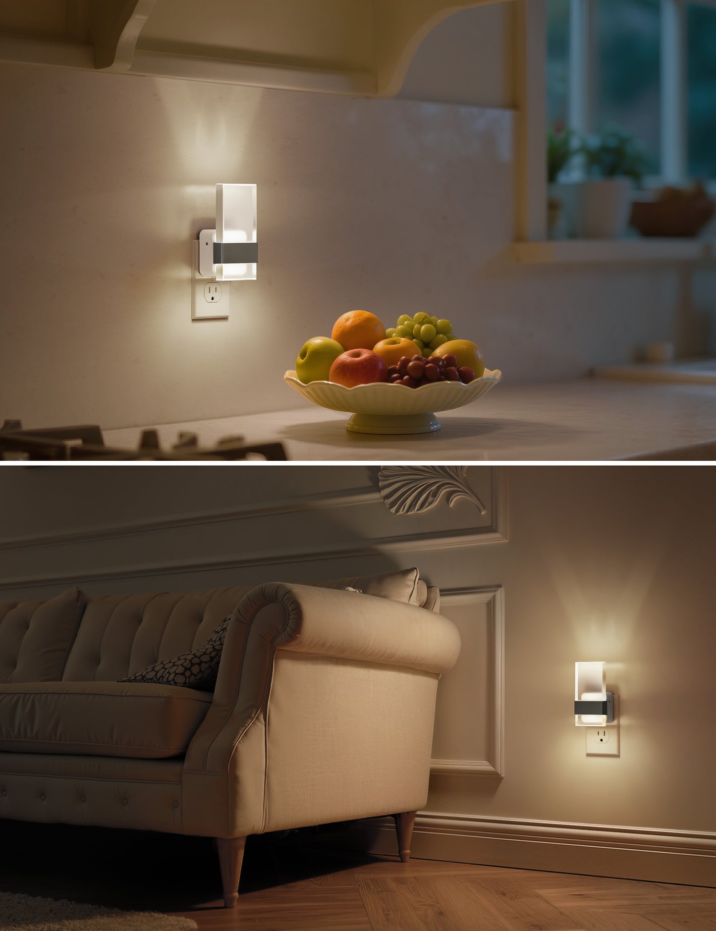 YANSUN 2-Pack Plug-In Night Lights with Frosted Acrylic Columns, Brushed Nickel Finish, 5000K White Light, Dimmable