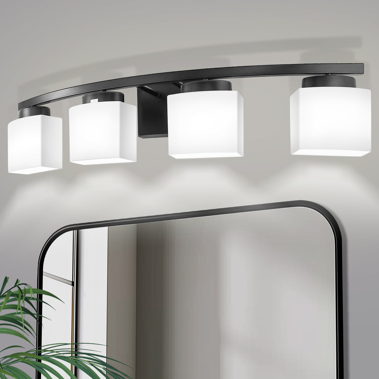 YANSUN 33.5 In. 4-Light Black Modern Square Vanity Light with Curved Arms and Milk White Glass Shades for Bathroom or Bedroom