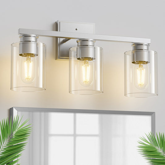 YANSUN 18 in. 3-Light Brushed Nickel Vanity Light with Clear Glass Shades for Bathroom
